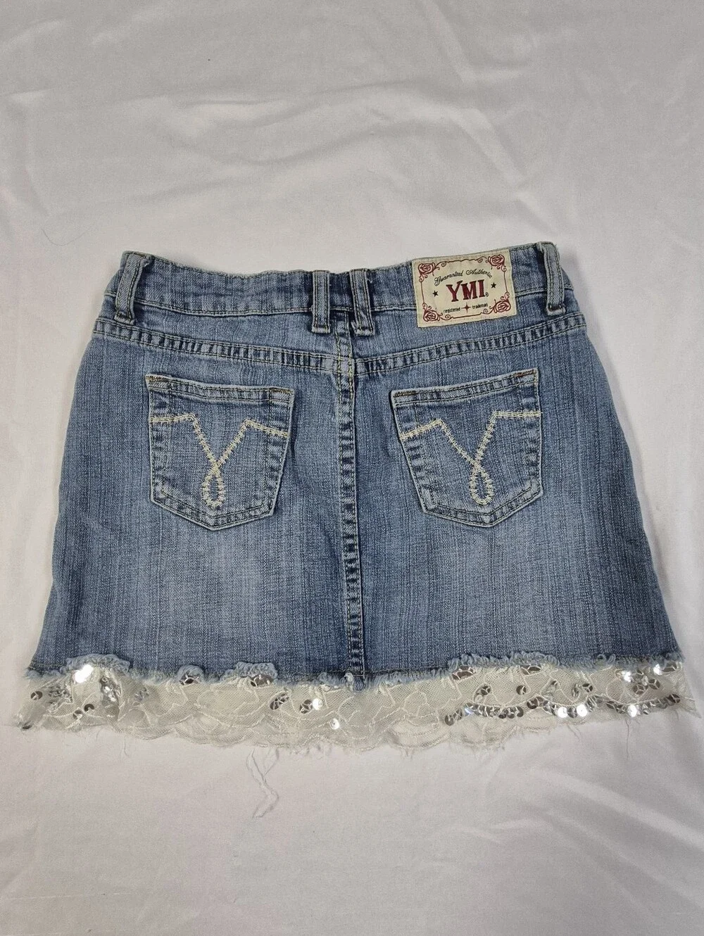 Y2K Girl's Size 12 Denim Mini Skirt Lace Trim Sequins Frayed Raw Hem Distressed